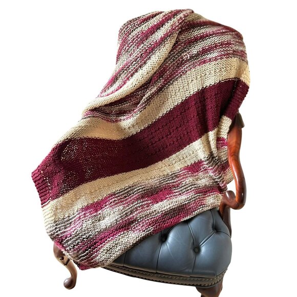 Handmade Knit Afghan Throw Blanket 48 x 45 Burgundy Tan Brown Striped - Picture 9 of 9